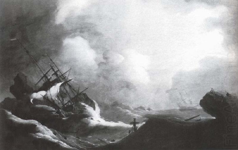 A ship running on to rocks in a violent storm, Monamy, Peter